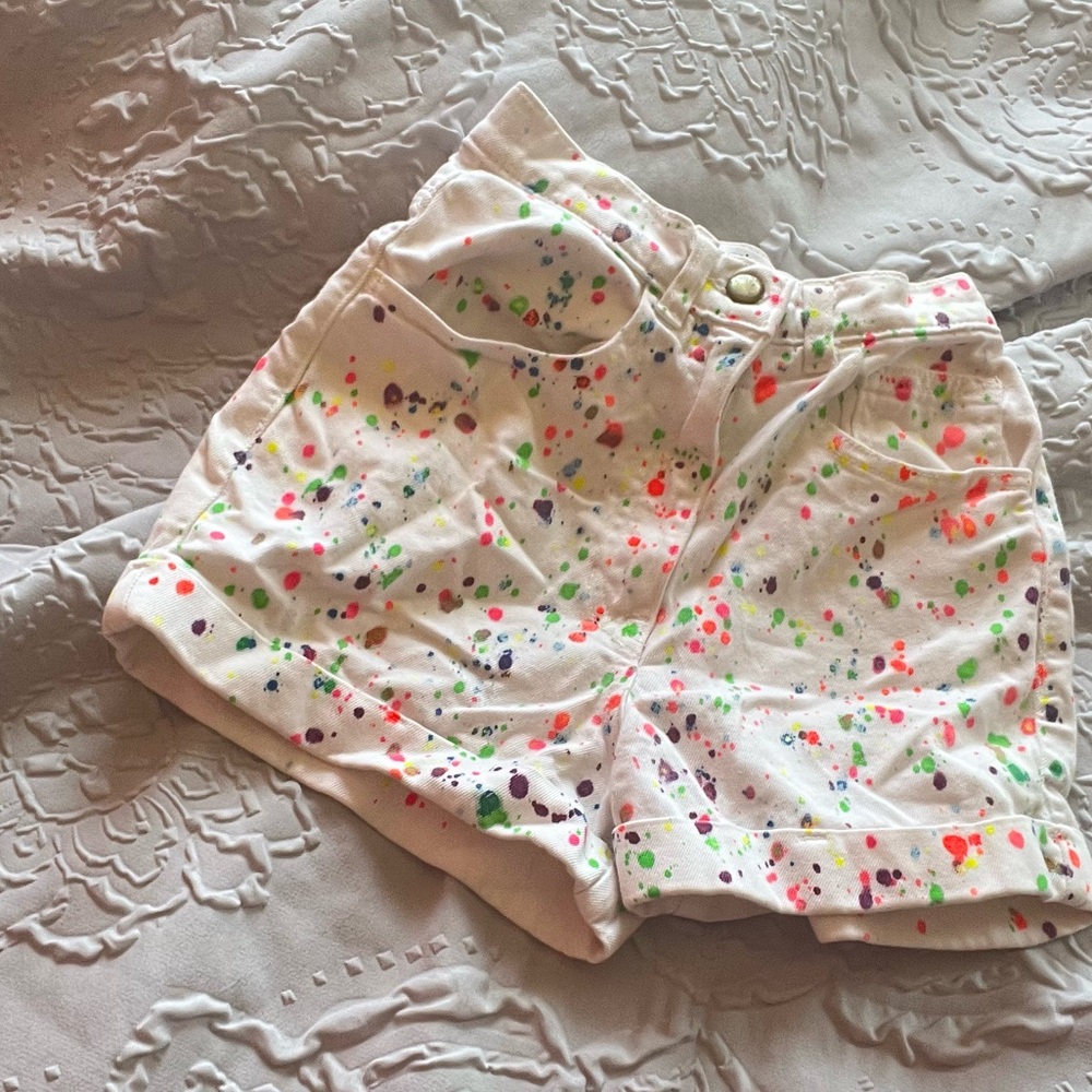 white Paint splatter jean shorts